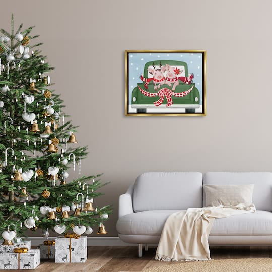 Stupell Industries Farmhouse Pigs Green Holiday Truck Framed Floater Canvas Wall Art